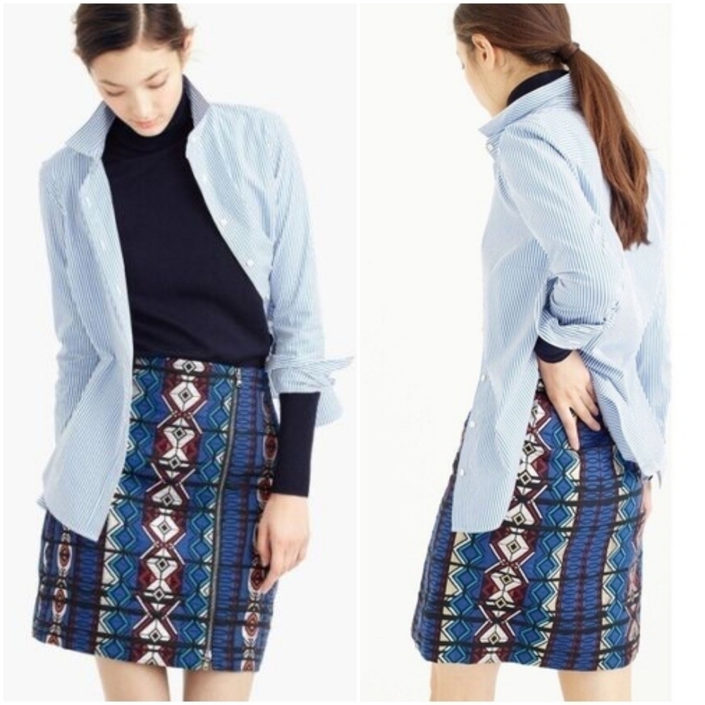 J. Crew Aztec Print Dark Blue Multicolor Metallic Zip up Mini Skirt